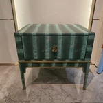 Green Embossed Leather Sofa Side Table with Single Drawer, Orange Interior and Gold-Tone Stainless Steel Trim